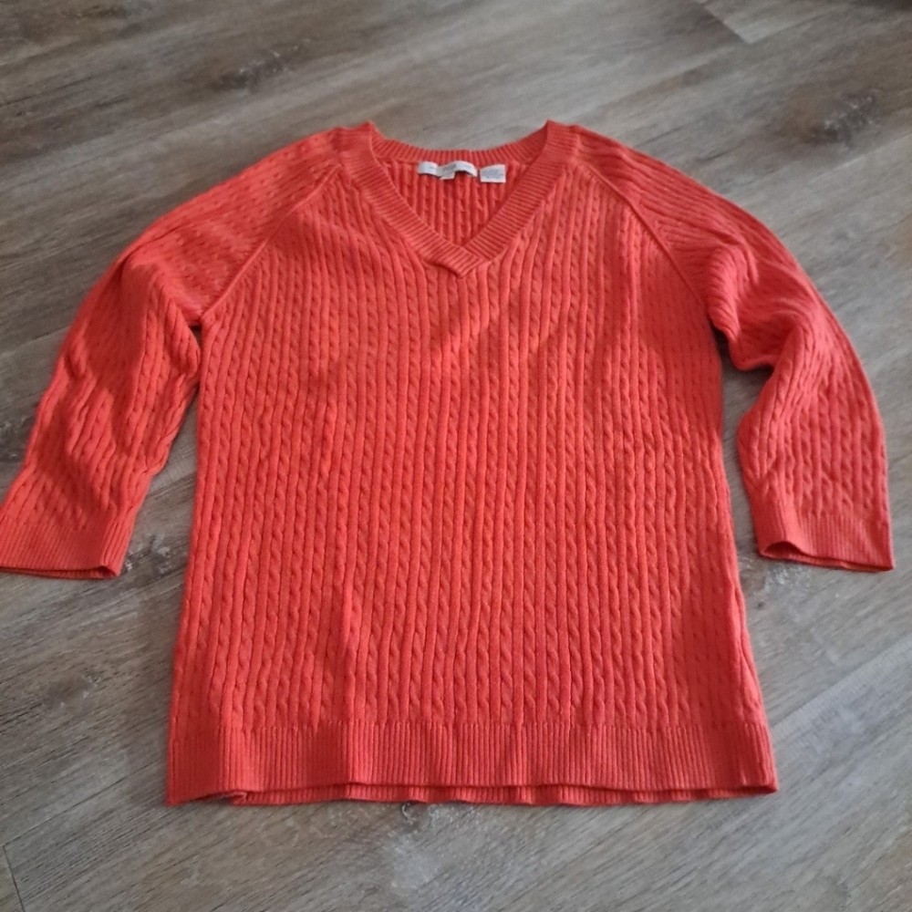Pria Cotton Nylon Stylish V-neck Sweater Orange 3/4 Sleeves Women's Size Medium
